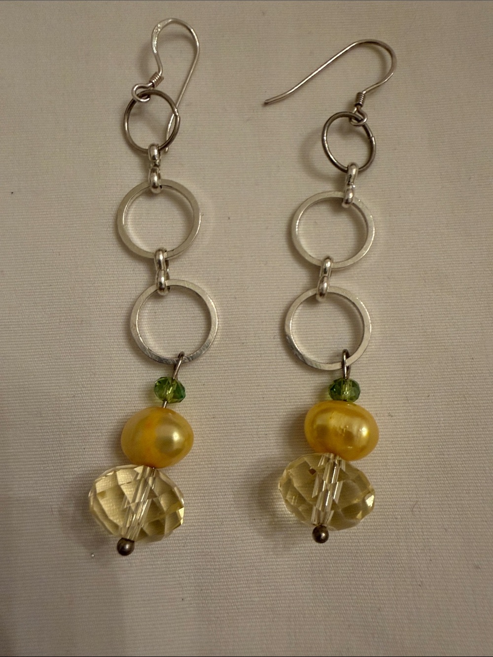 Handmade Silver Tone and Yellow, Green Glass and Genuine Pearl Earrings